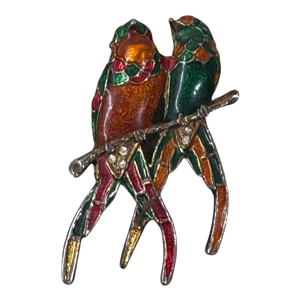 Vintage Enamel Parrot Brooch Rhinestones Parakeet Lovebirds Duette Pin Orange